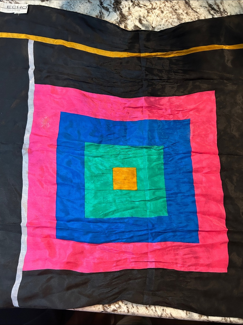Echo Multicolor Square Block Silk Scarf - Black, Pink, Blue, Green, Gold